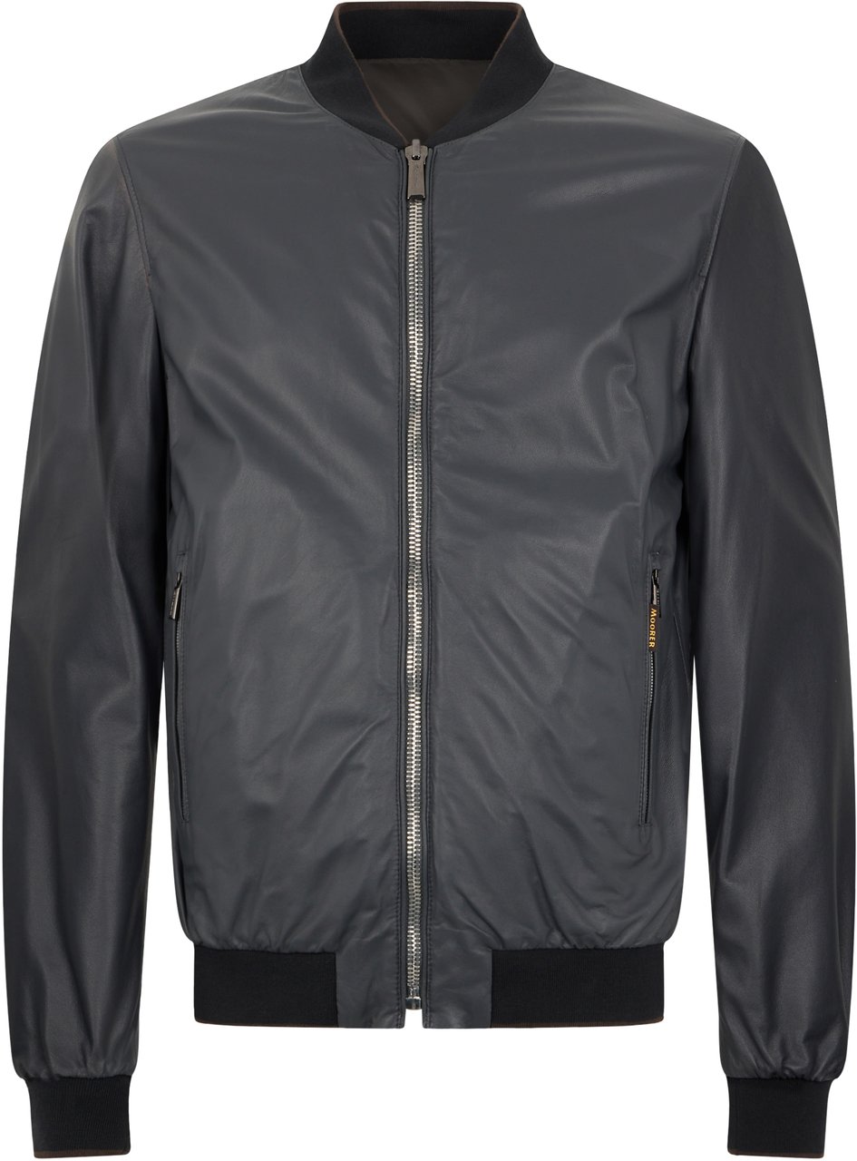 Moorer Gray leather jacket with zipper and pockets. Grijs