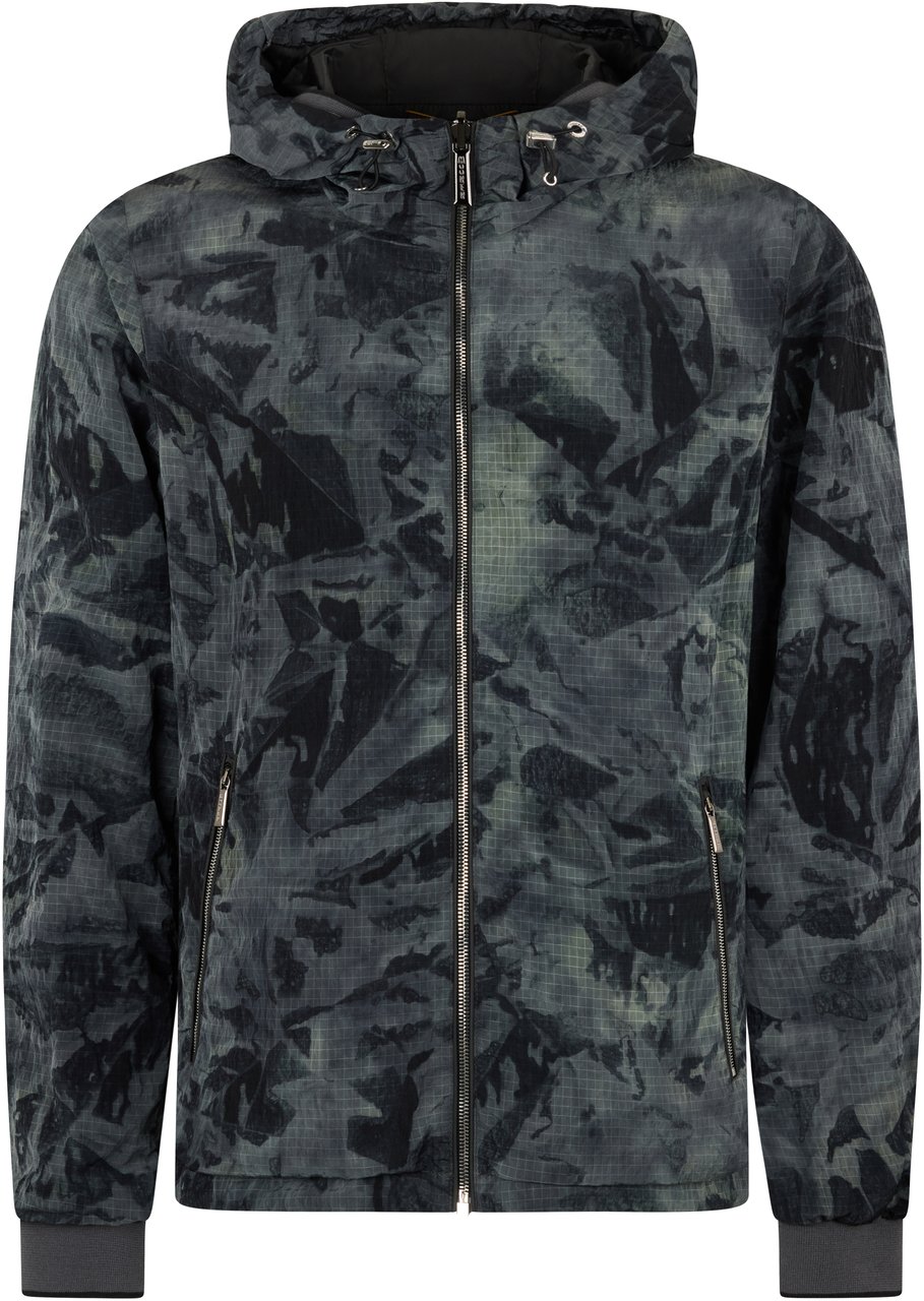 Moorer Lightweight waterproof jacket with gray camouflage hood Zwart