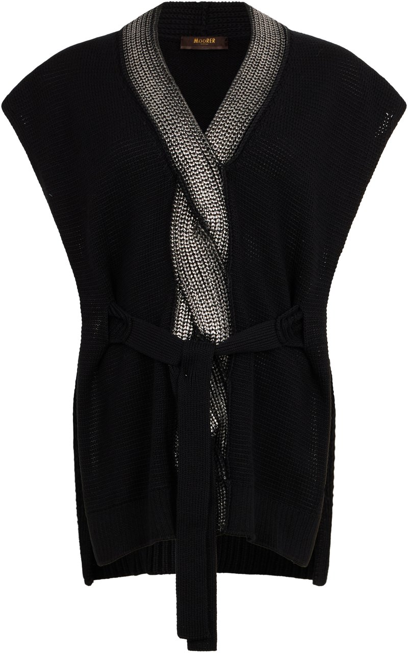 Moorer Black sweater without sleeves elegant with belt. Zwart