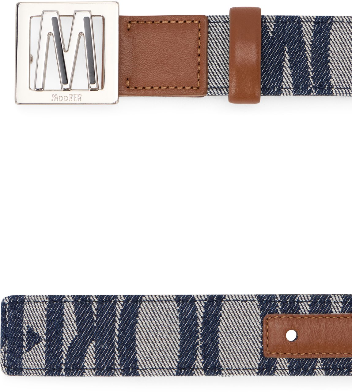 Moorer Blue denim belt with leather details, modern and versatile. Blauw