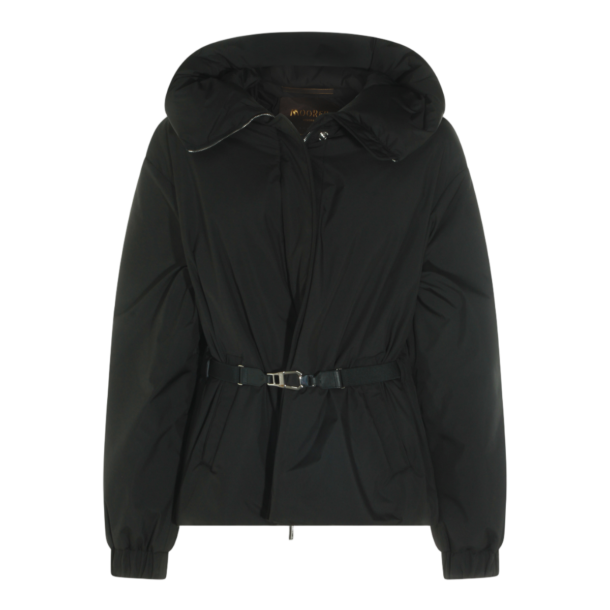 Moorer Short Black Coat with Padded Hood and Belted Waist Zwart