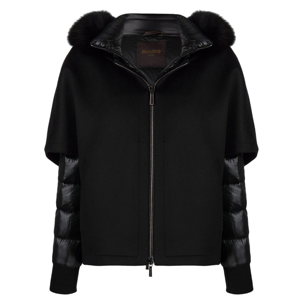 Moorer Black Quilted Sleeve Coat with Plush Fur Hood Zwart