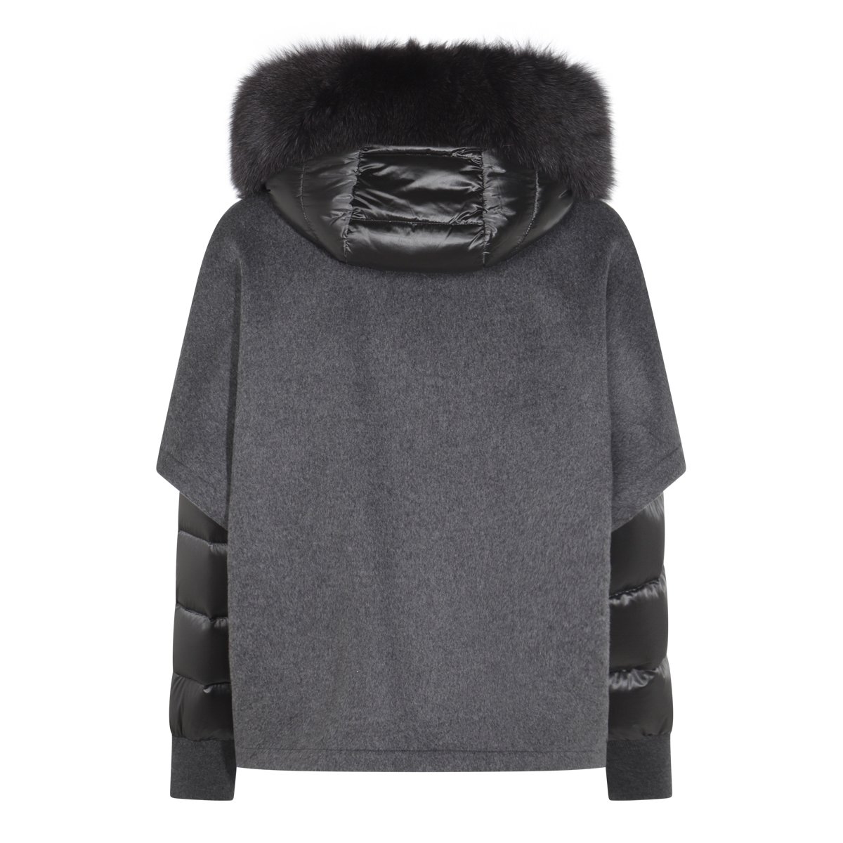 Moorer Wool-Textured Coat with Quilted Sleeves and Plush Fur Hood Zwart