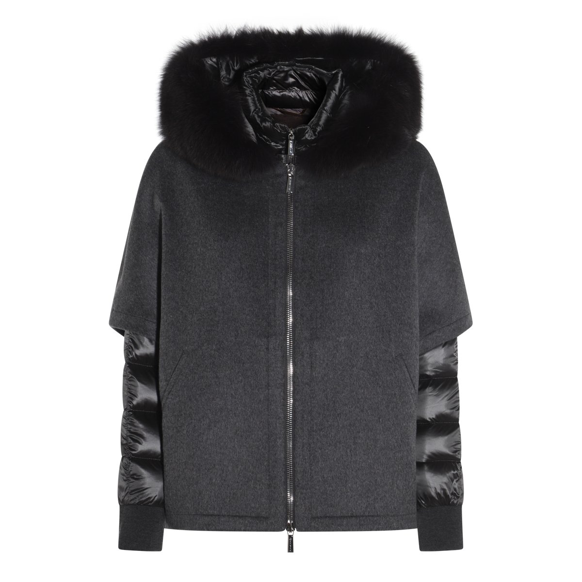 Moorer Wool-Textured Coat with Quilted Sleeves and Plush Fur Hood Zwart