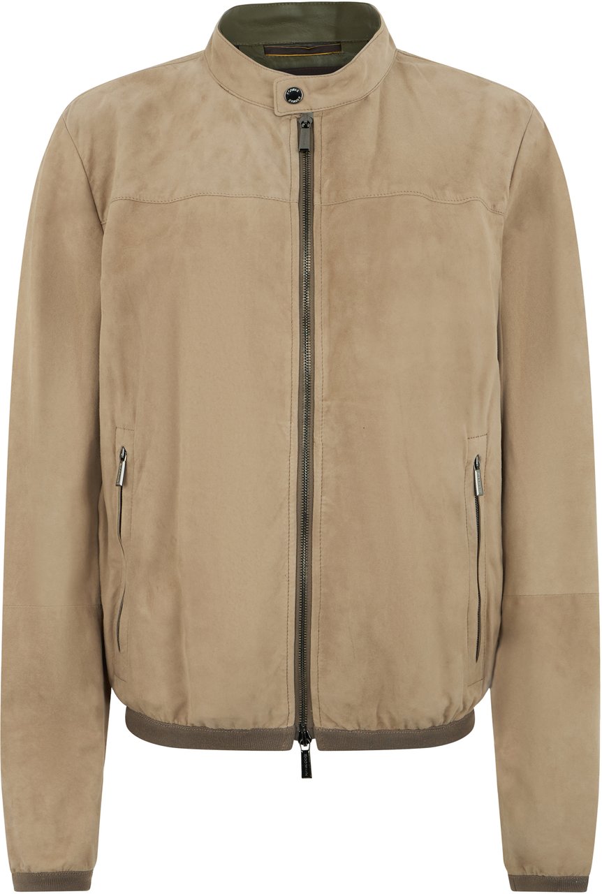 Moorer Beige leather jacket with zip and collar Grijs