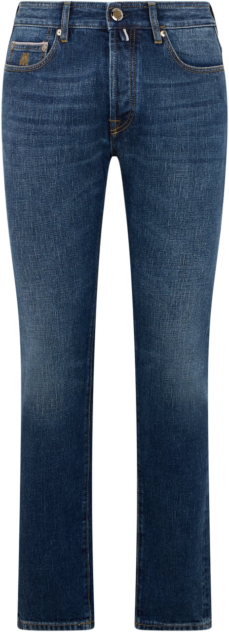 Moorer Dark blue denim pants with flared leg Blauw