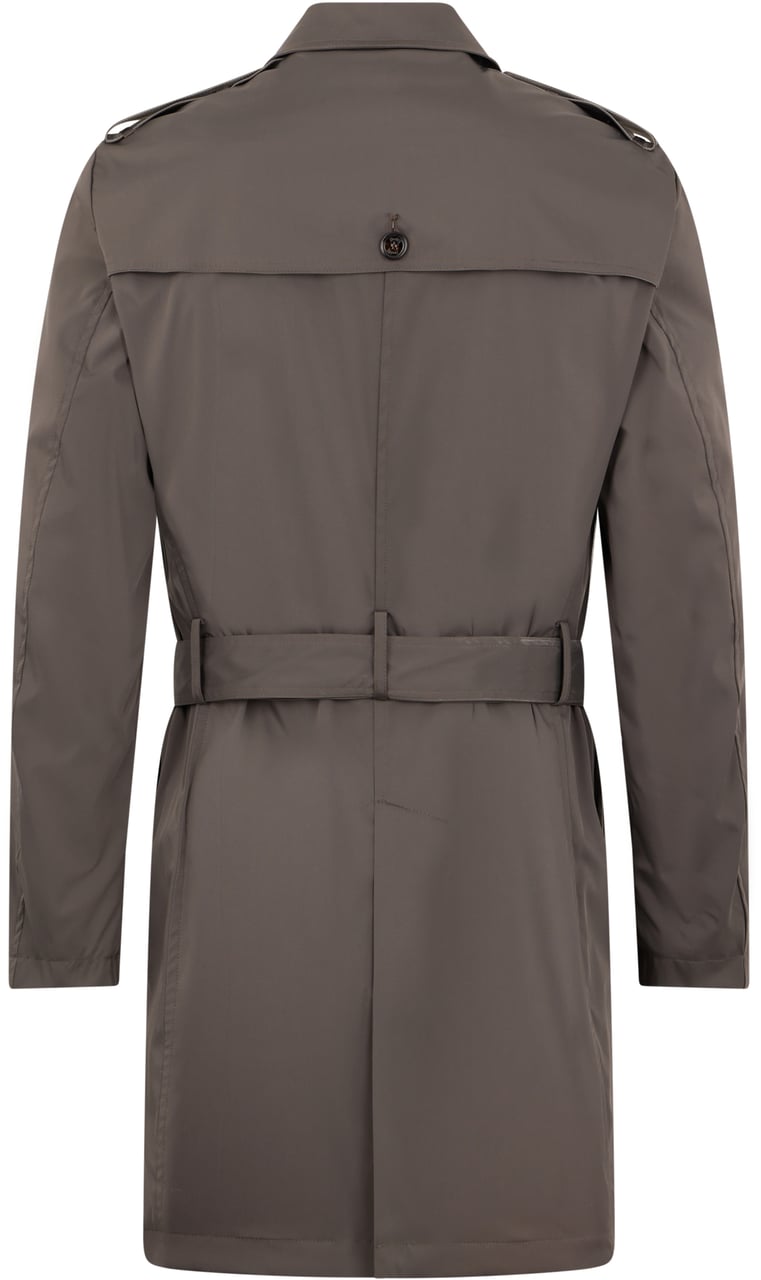 Moorer Elegant taupe color trench coat with belt and raised collar. Taupe