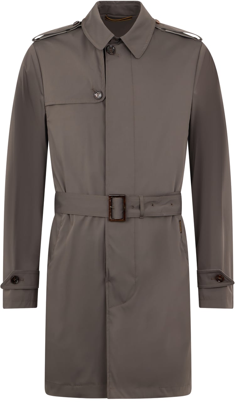 Moorer Elegant taupe color trench coat with belt and raised collar. Taupe