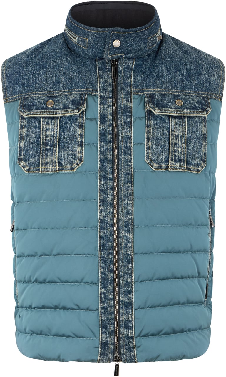 Moorer Turquoise sleeveless vest with denim inserts Blauw