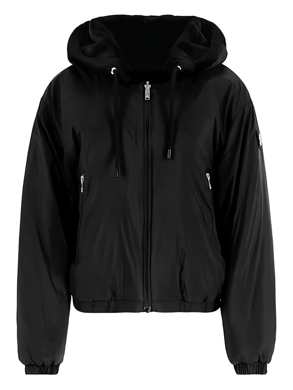 Moose Knuckles Cropped Black Faux Fur Jacket With Plush Hood And Zippered Pockets Zwart