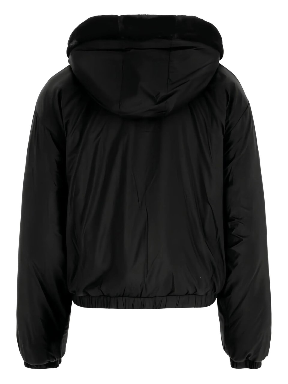 Moose Knuckles Cropped Black Faux Fur Jacket With Plush Hood And Zippered Pockets Zwart