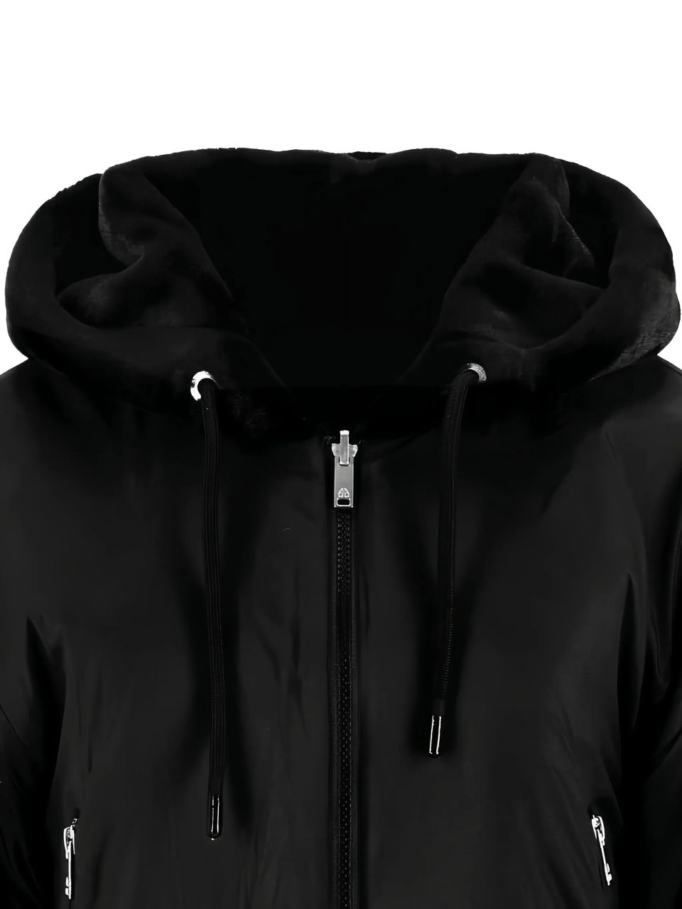 Moose Knuckles Cropped Black Faux Fur Jacket With Plush Hood And Zippered Pockets Zwart