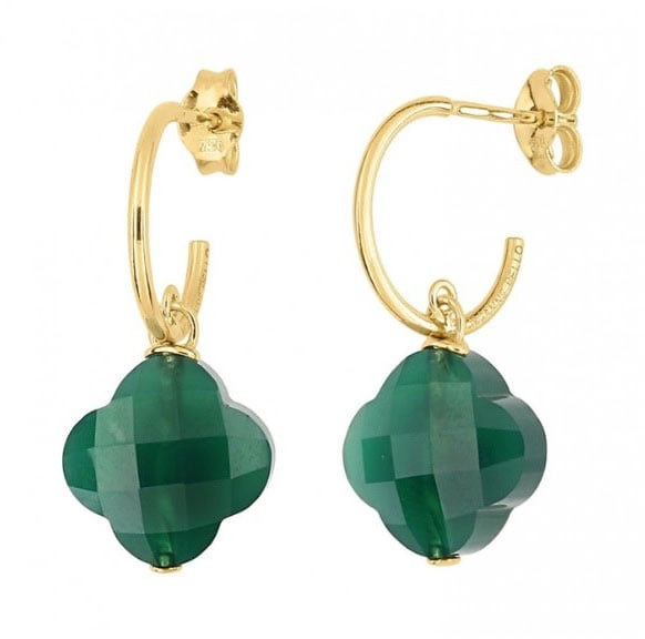 Morganne Bello Oorbellen 1017YC285 18k Geelgoud Green Agate Clover Donkergroen
