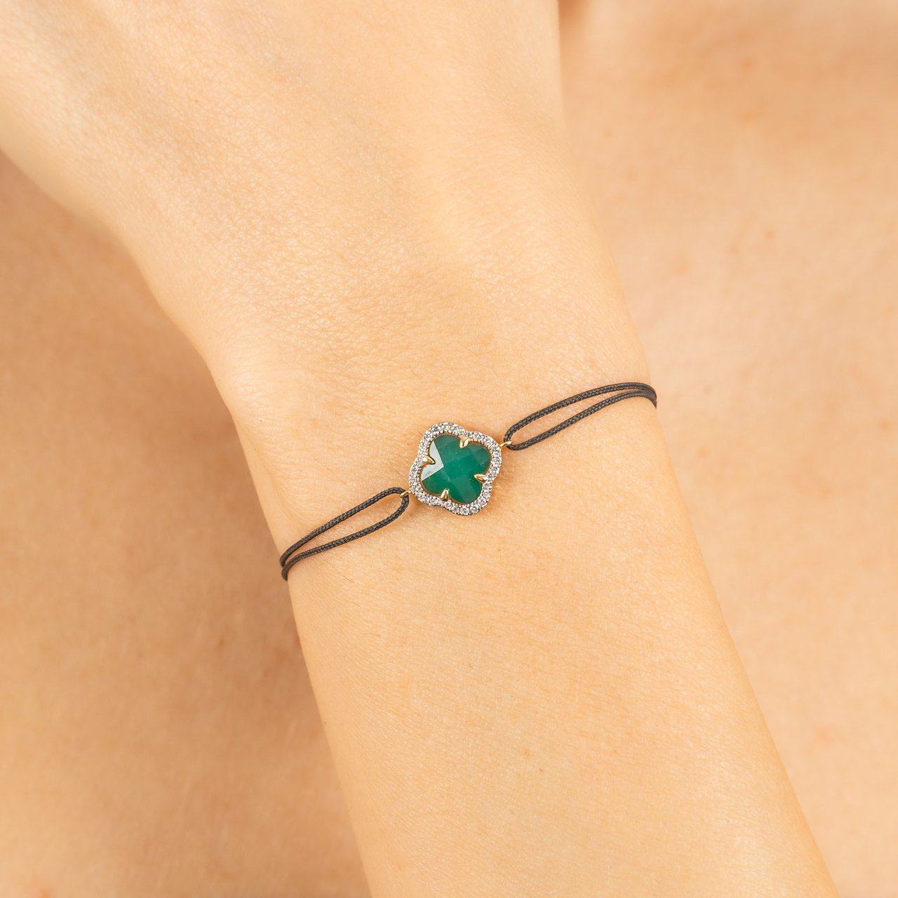 Morganne Bello Armband 30X04YB285D 14k Geelgoud met Mini Groen Agaath 1.144crt en Diamanten 0.096crt met Grijs Koord Groen
