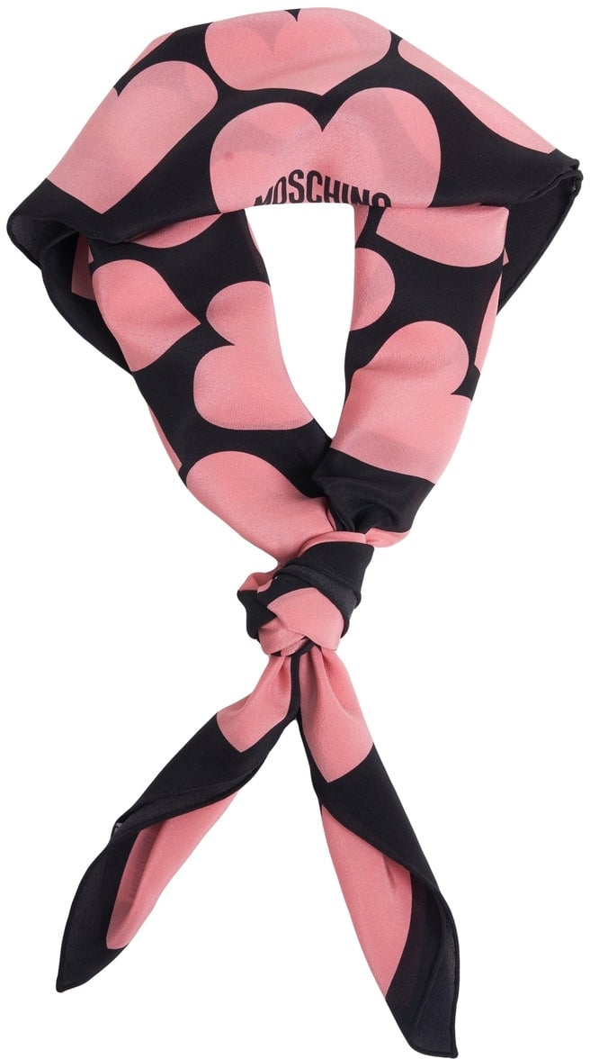 Moschino Silk foulard with heart print and logo print Zwart