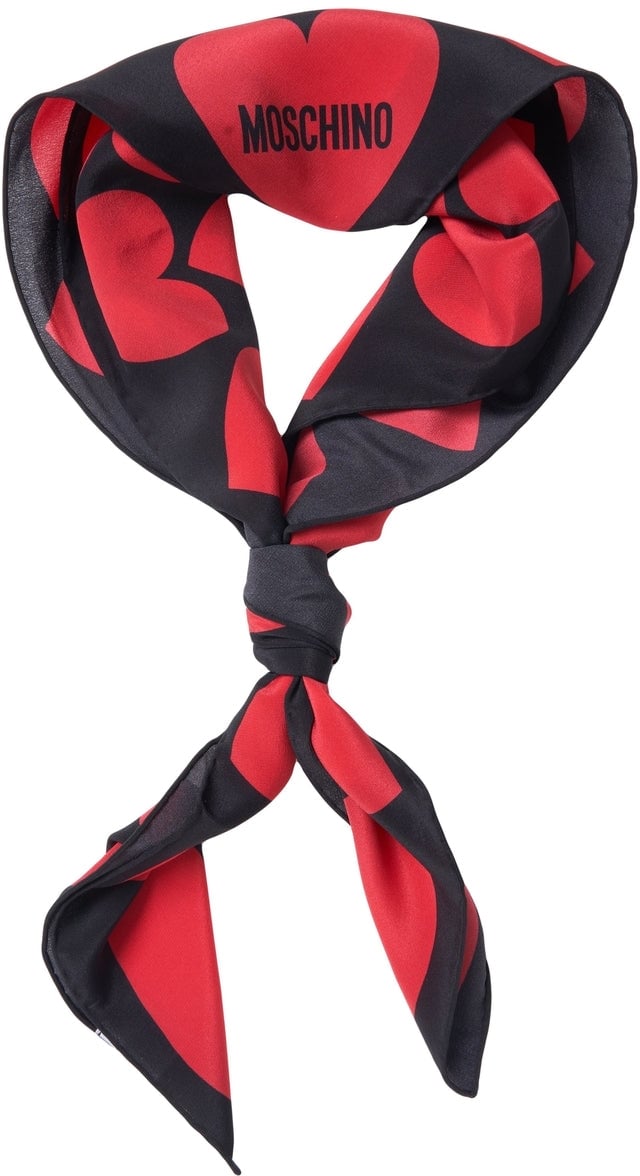 Moschino Silk foulard with heart print and logo print Zwart