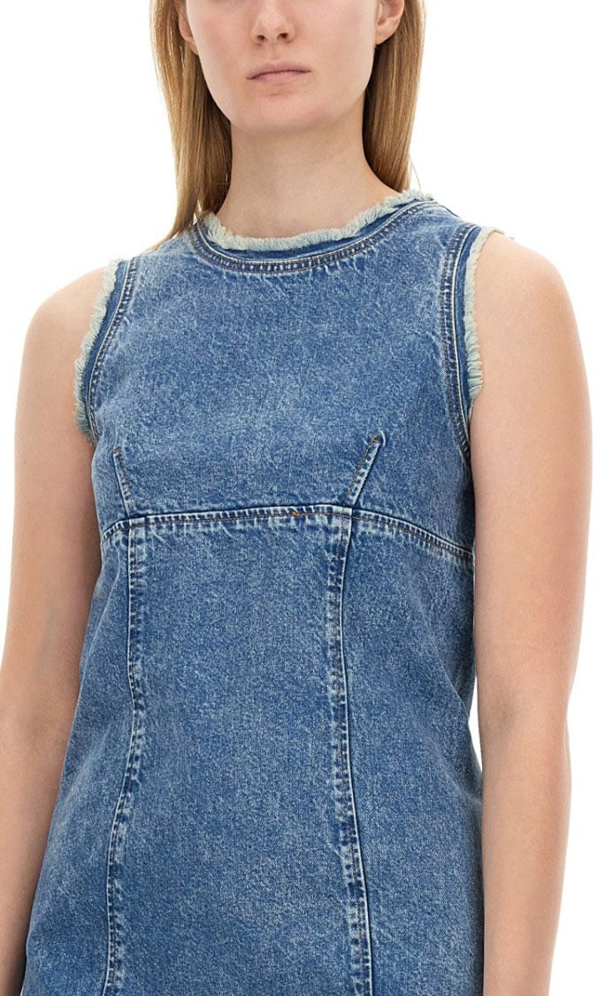 Moschino Sleeveless Fitted Denim Dress With Frayed Hem Blauw