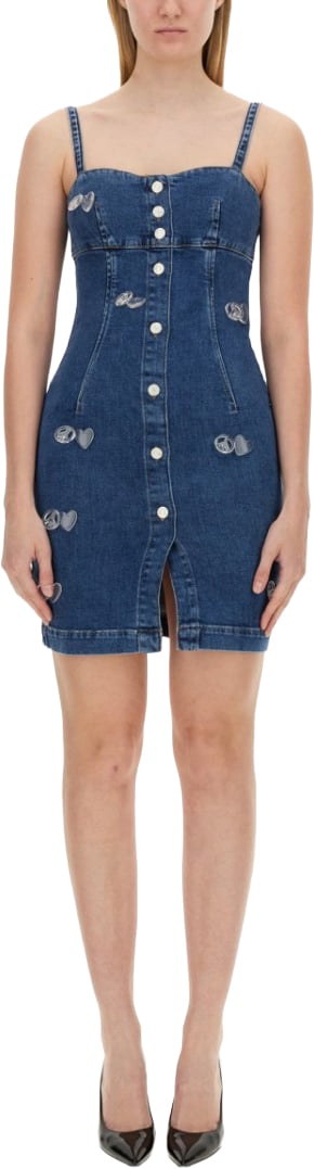 Moschino Fitted Denim Mini Dress With Sweetheart Neckline Blauw