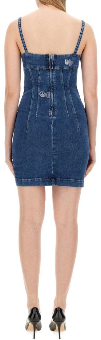 Moschino Fitted Denim Mini Dress With Sweetheart Neckline Blauw