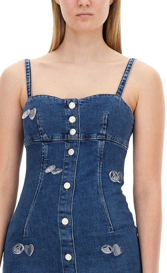 Moschino Fitted Denim Mini Dress With Sweetheart Neckline Blauw