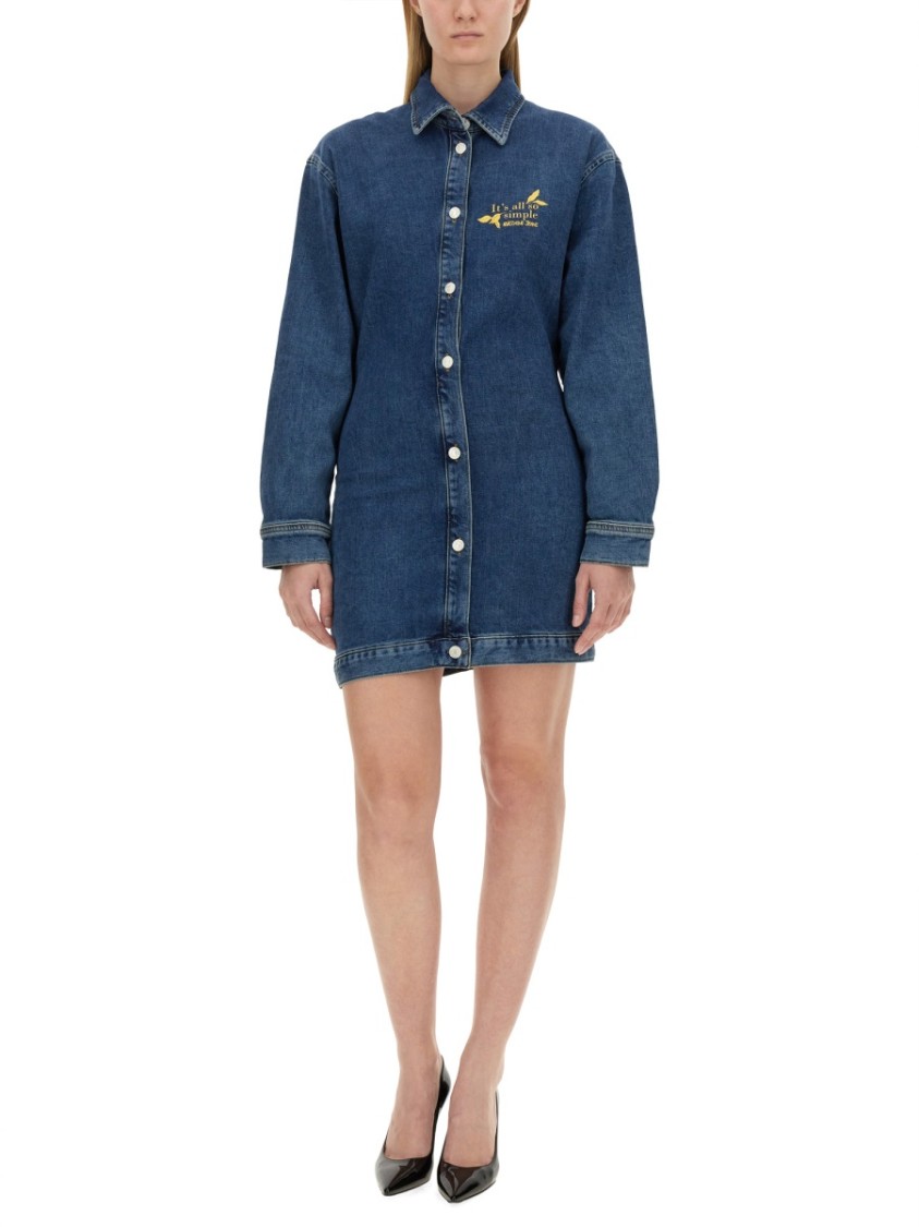 Moschino Classic Button-Down Denim Dress With Embroidered Detail Blauw