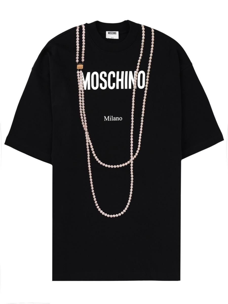 Moschino Black Milano Pearl Necklace T-Shirt Zwart