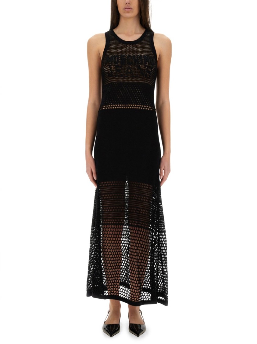 Moschino Open-Knit Maxi Dress With Signature Logo Zwart