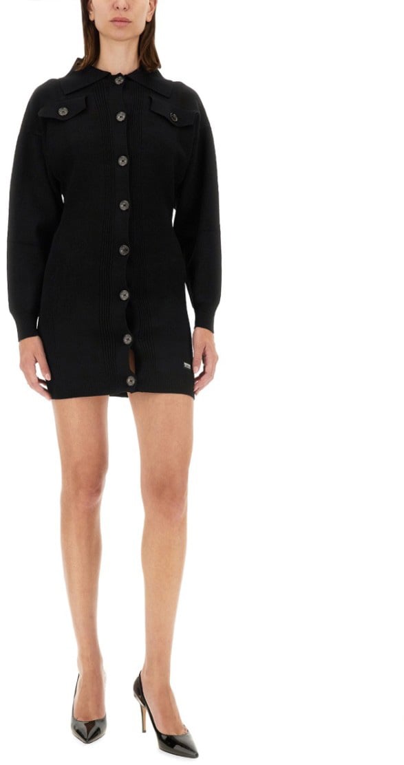 Moschino Ribbed Mini Dress With Button-Down Front Zwart