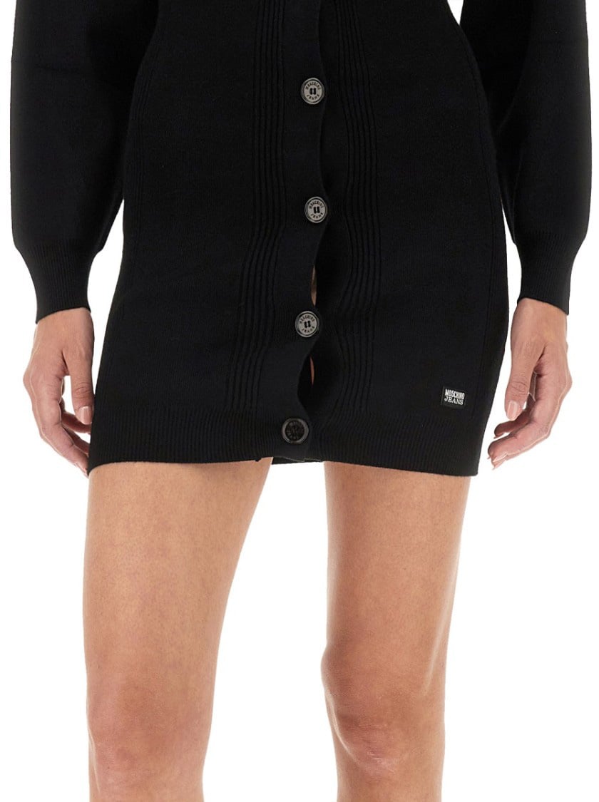 Moschino Ribbed Mini Dress With Button-Down Front Zwart