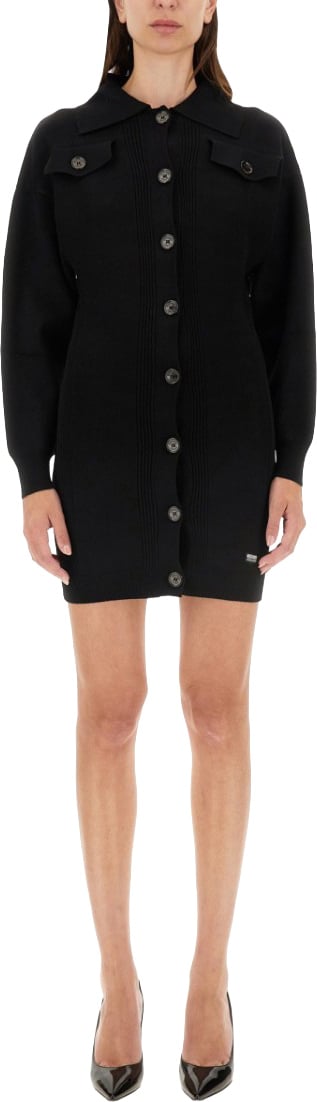 Moschino Ribbed Mini Dress With Button-Down Front Zwart
