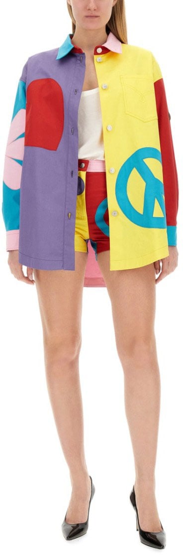 Moschino Oversized Printed Shirt With Eclectic Patchwork Design Divers