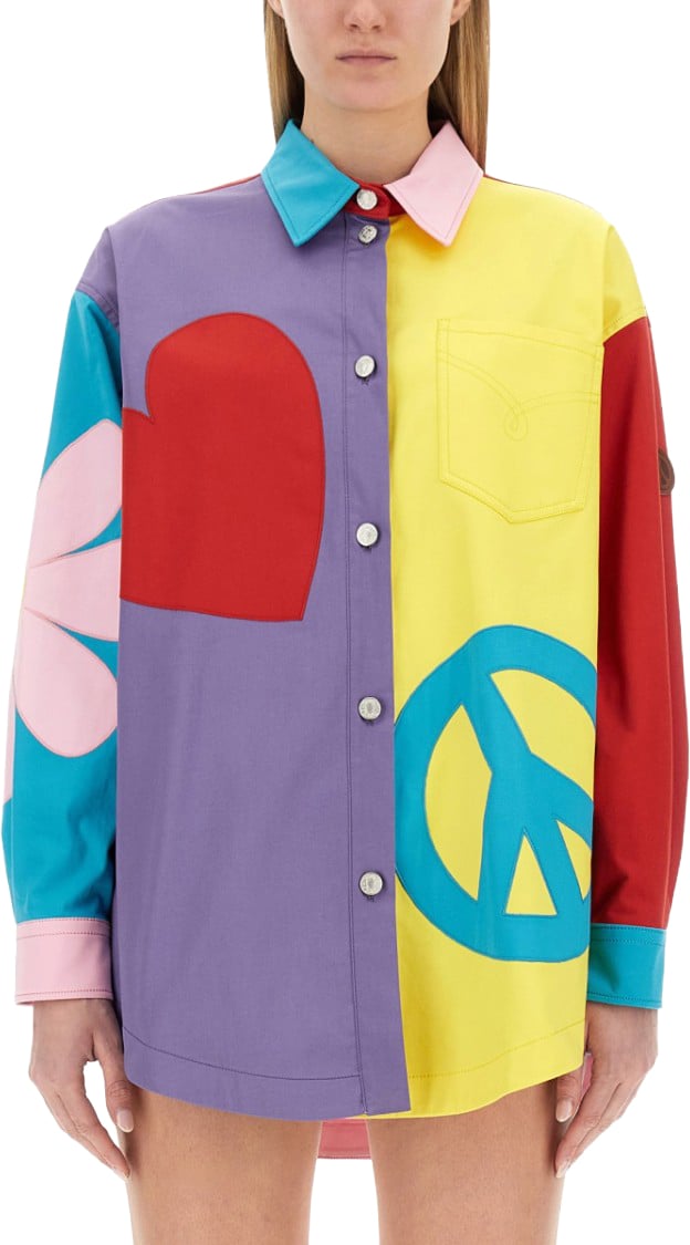 Moschino Oversized Printed Shirt With Eclectic Patchwork Design Divers
