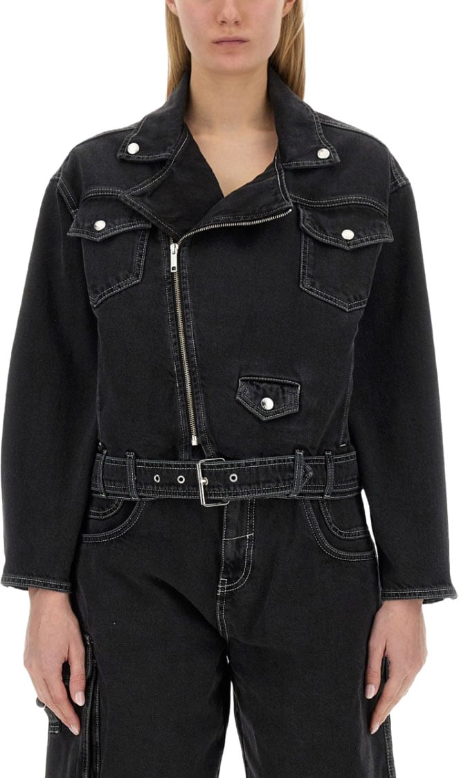 Moschino Cropped Black Denim Jacket Zwart