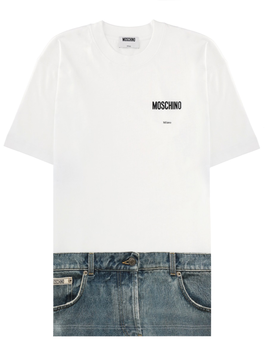 Moschino White Denim Inspired Hem T-Shirt Wit