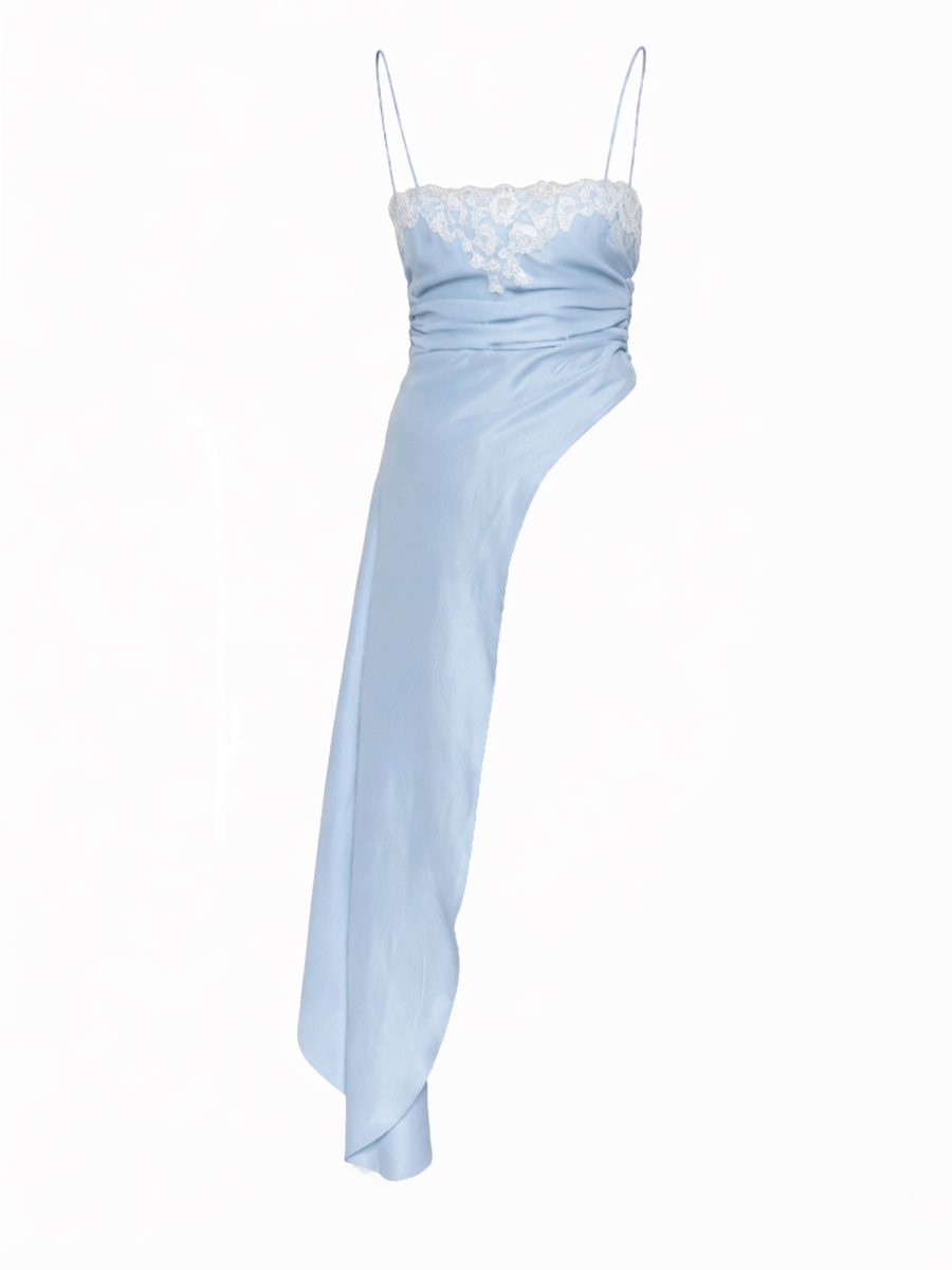 Moschino Asymmetrical Lace Trimmed Draped Blouse Blauw