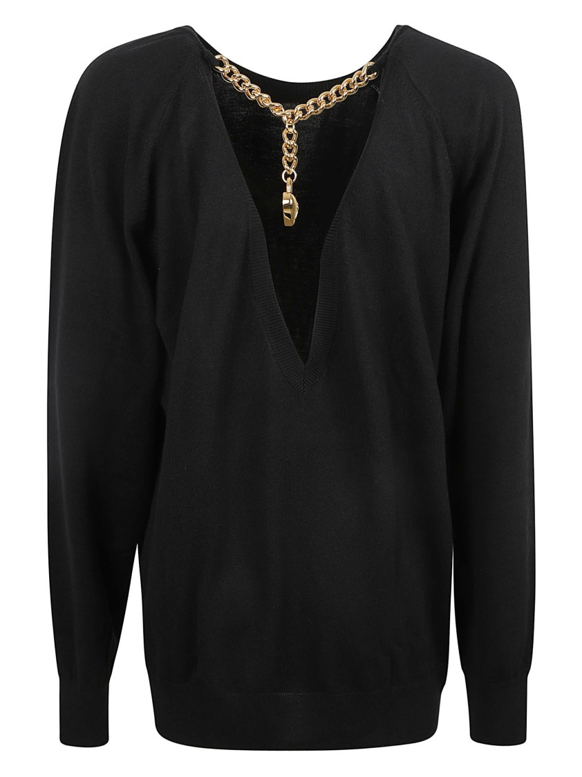 Moschino Deep V-Neck Black Sweater Zwart