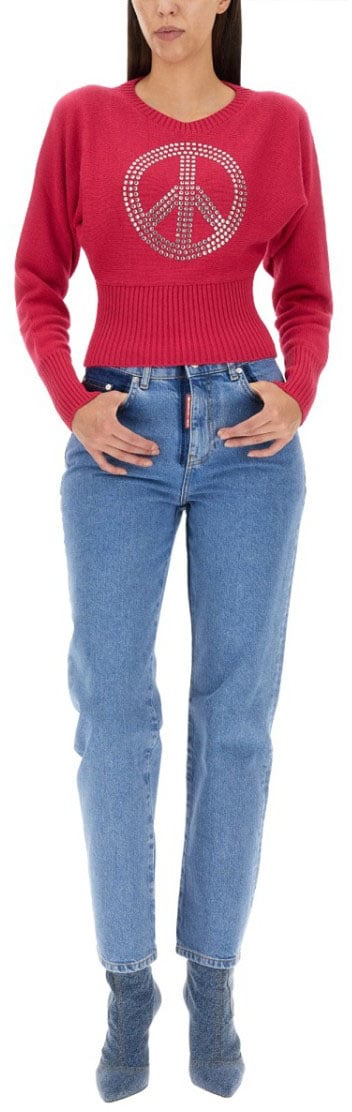 Moschino Cropped Jersey With Rhinestone Peace Symbol Rood