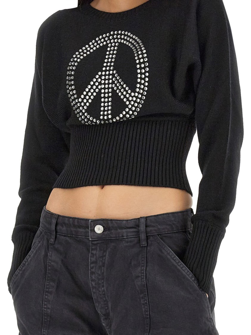Moschino Cropped Black Jersey With Rhinestone Peace Symbol Zwart