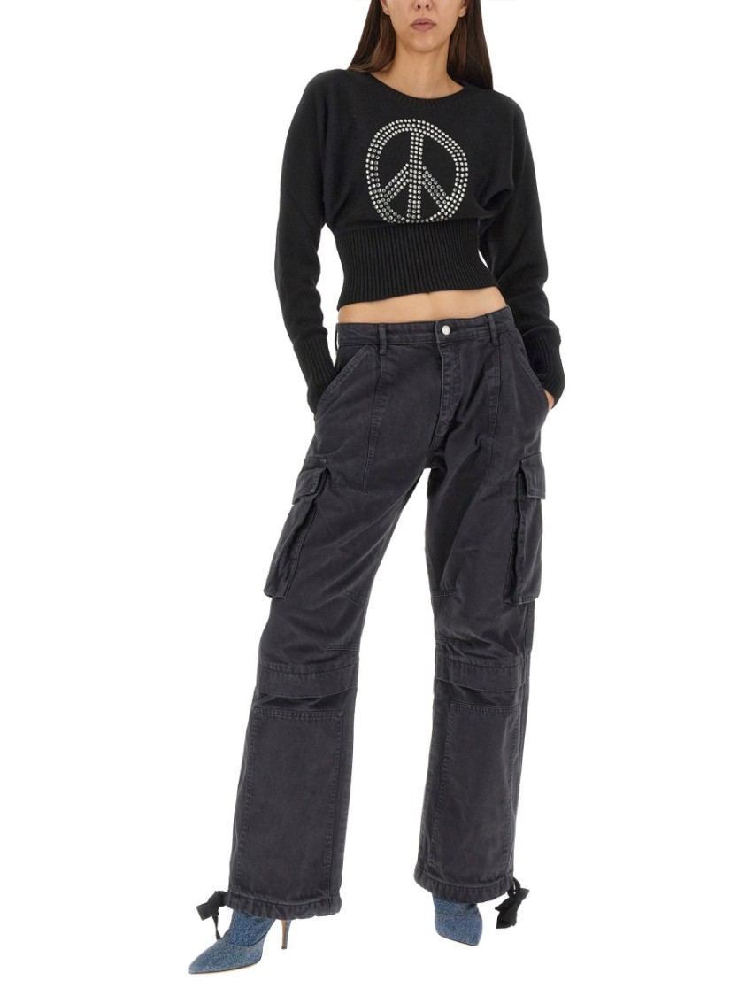 Moschino Cropped Black Jersey With Rhinestone Peace Symbol Zwart