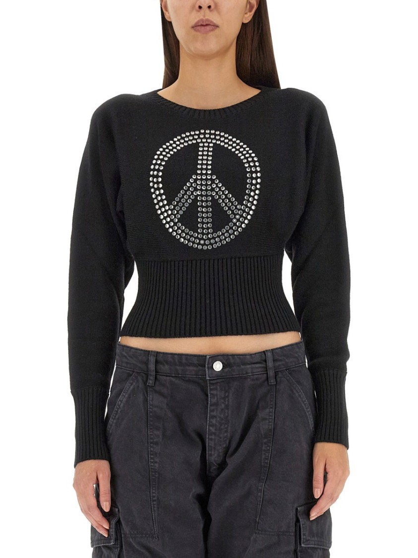 Moschino Cropped Black Jersey With Rhinestone Peace Symbol Zwart