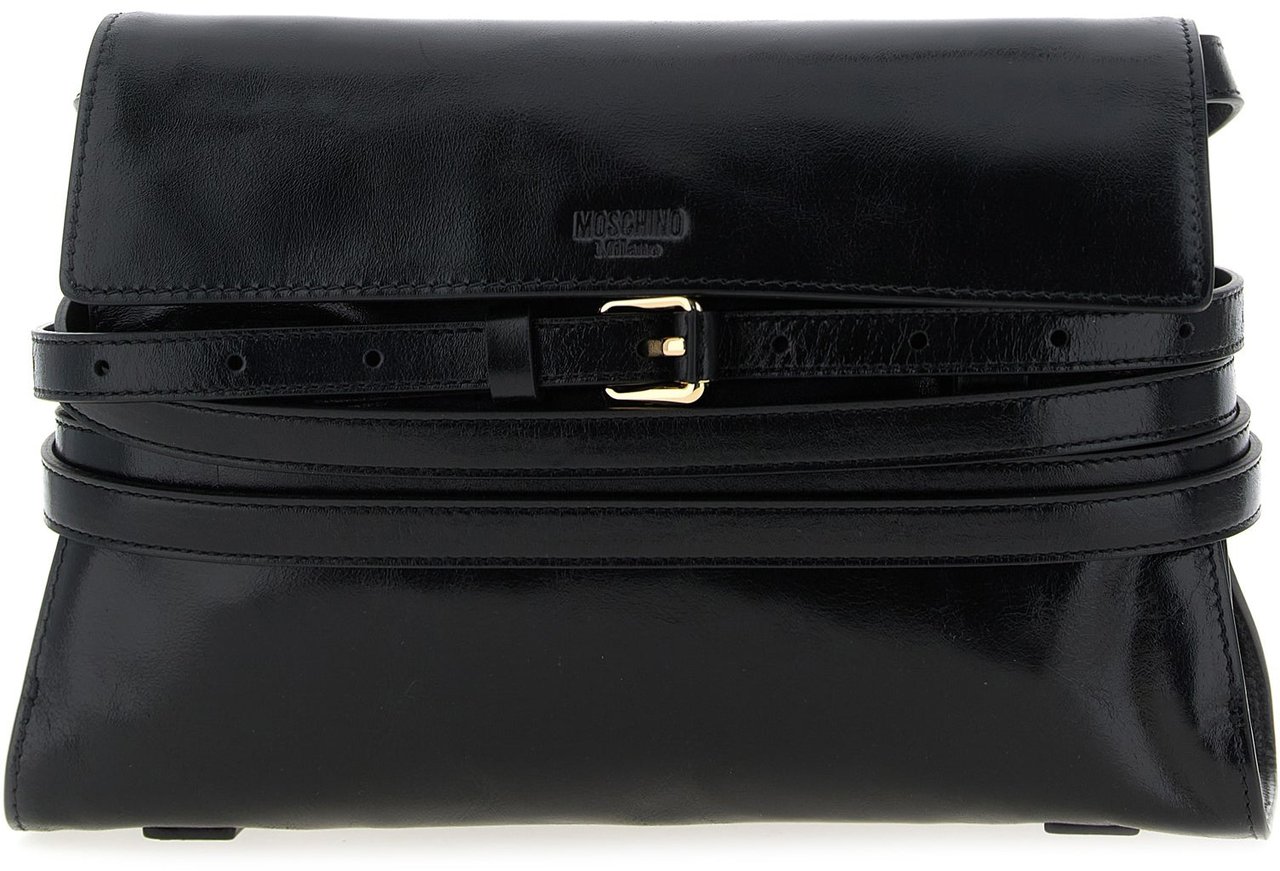 Moschino Black Leather Crossbody Bag Zwart