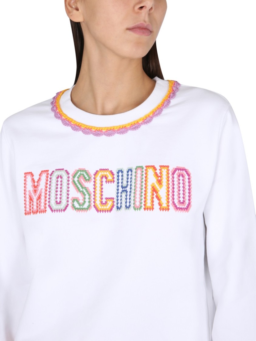 Moschino Crewneck Sweatshirt With Embroidered Logo And Scalloped Trim Wit