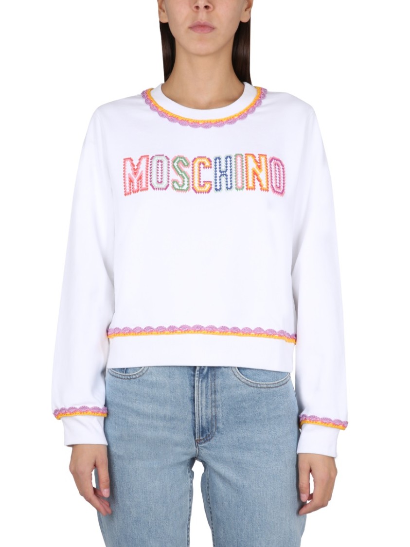Moschino Crewneck Sweatshirt With Embroidered Logo And Scalloped Trim Wit