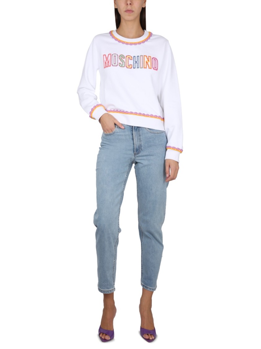 Moschino Crewneck Sweatshirt With Embroidered Logo And Scalloped Trim Wit