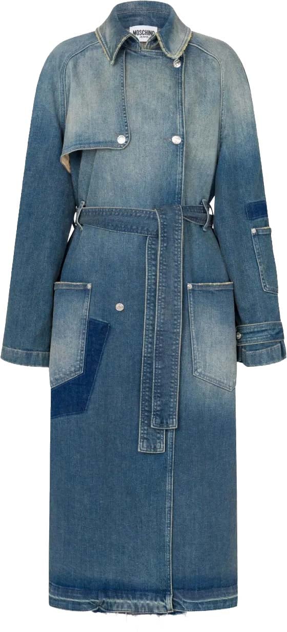 Moschino Mid-Length Denim Coat with Belted Waist Groen