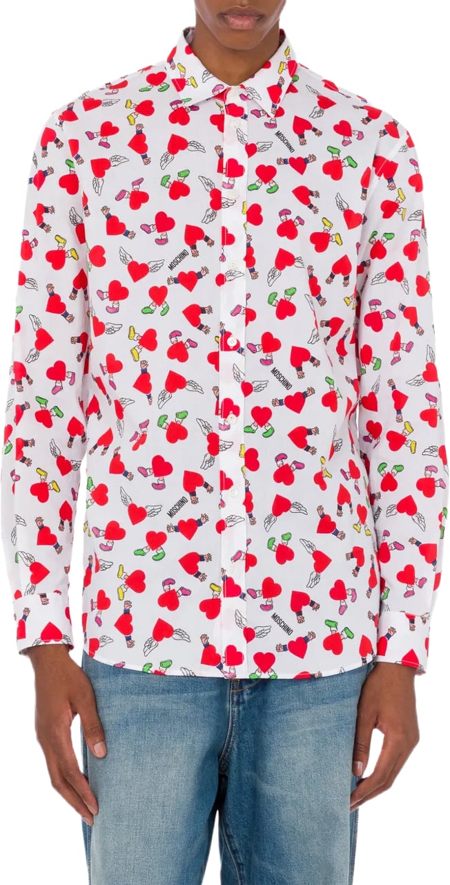 Moschino Long-Sleeve Button-Up Shirt With Playful Heart And Cherry Print Wit