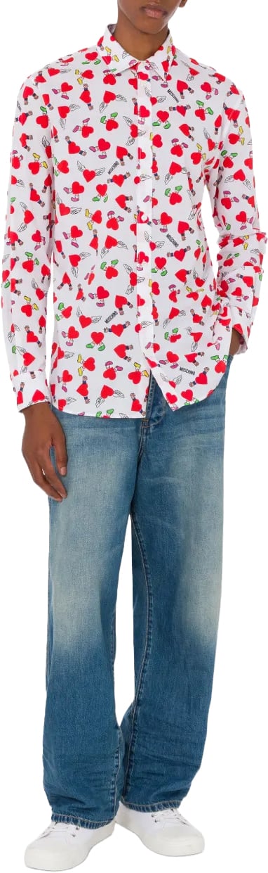 Moschino Long-Sleeve Button-Up Shirt With Playful Heart And Cherry Print Wit