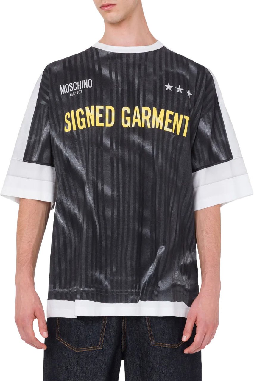 Moschino Loose-Fit T-Shirt With Vertical Stripes And Statement Print Zwart