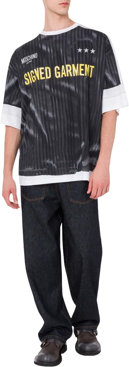 Moschino Loose-Fit T-Shirt With Vertical Stripes And Statement Print Zwart