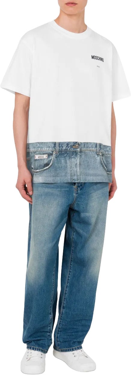 Moschino White T-Shirt With Denim-Inspired Hem Design Wit